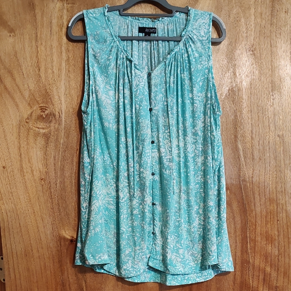 a.n.a. Womens Sleeveless Blouse Seafoam Green White Button Front Ruffle Rayon 1X